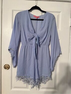 Light Blue Tie-Front Lace Trim Romper